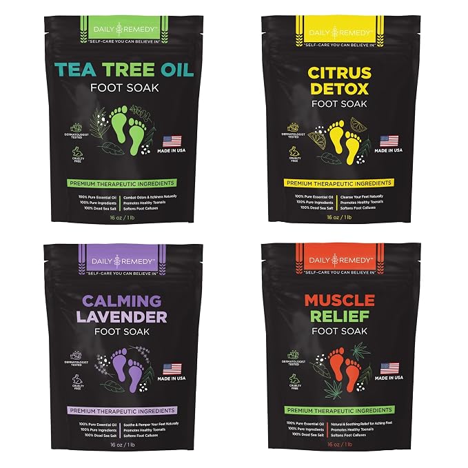 DAILY REMEDY Foot Soak Salts- Variety Pack of 4- Tea Tree Oil, Muscle Relief by DAILYREMEDY