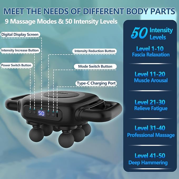 UFFAE Six Head Massage Gun, 50 Intensity Levels & 9 Massage Modes, Equipped - Image 3