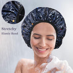 Navy Astral Print Satin Shower Cap, Three-Layer Terry Cloth Lined, - Image 6