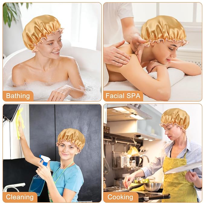 Waterproof Shower Caps for Women, Solid Color Dual-Layer Elastic Band Design - Image 7