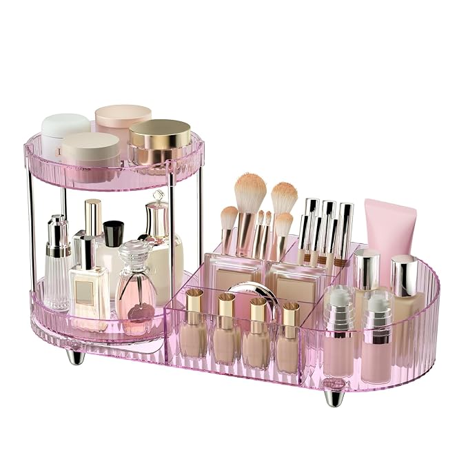 360 Rotating Vanity Makeup Organizer, 2 Small Trays & 5 Compartments by Jywantful