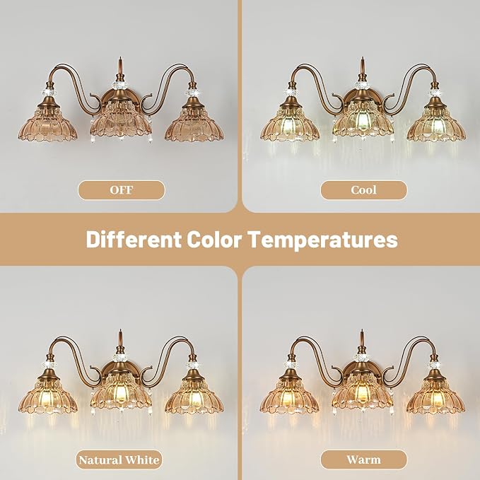Vintage Bathroom Vanity Light, 3-Light Matte Antique Brass Finish Wall Sconce - Image 8