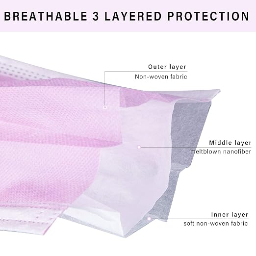 Borje Pink Disposable Face Mask 100 Pcs Pink Face Masks 3 Ply Protection Masks - Image 2