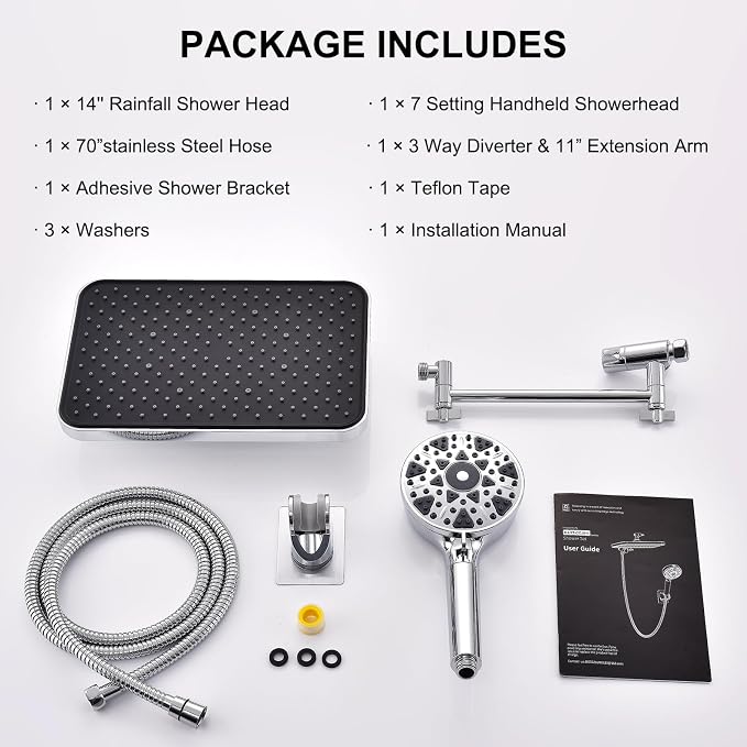 Dual shower Head with Handheld and Filter-14'' Rainfall ShowerHead, High - Image 9