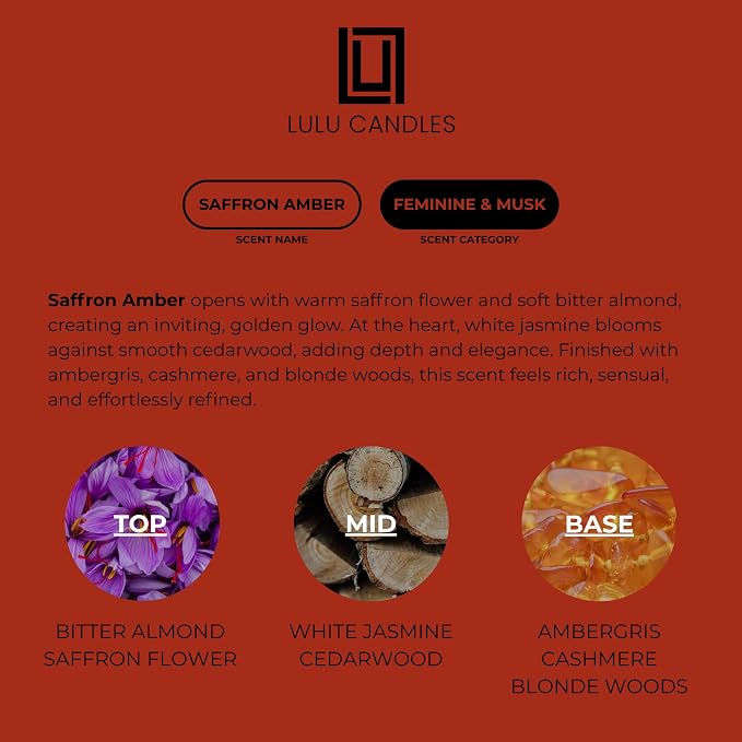 Lulu Candles | Saffron & Amber | Notes: Jasmine, & Amber | Smells Woody & - Image 3
