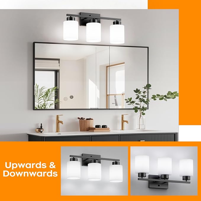 PARTPHONER 3-Light Matte Black Bathroom Light Fixtures, Modern Vanity Light - Image 4