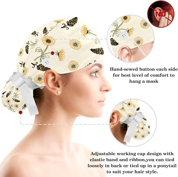Women Working Cap with Buttons Bouffant Hat Autumn Leaves Nurse Scrub Caps Long - Image 3