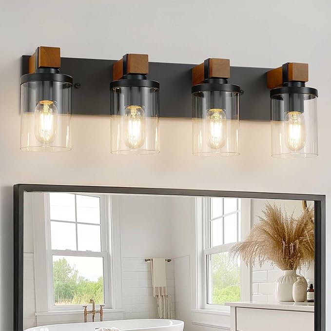 4-Light Farmhouse Bathroom Light Fixtures, Wood Matte Black Vanity Lights Over by Unknown