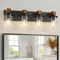 4-Light Farmhouse Bathroom Light Fixtures, Wood Matte Black Vanity Lights Over by Unknown