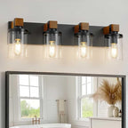 4-Light Farmhouse Bathroom Light Fixtures, Wood Matte Black Vanity Lights Over by Unknown