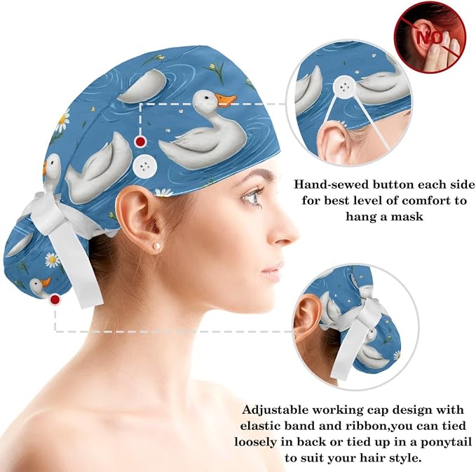Scrub Caps Women Ponytail Cute Pink and White Leaves Caps Bouffant Working Hat - Image 3