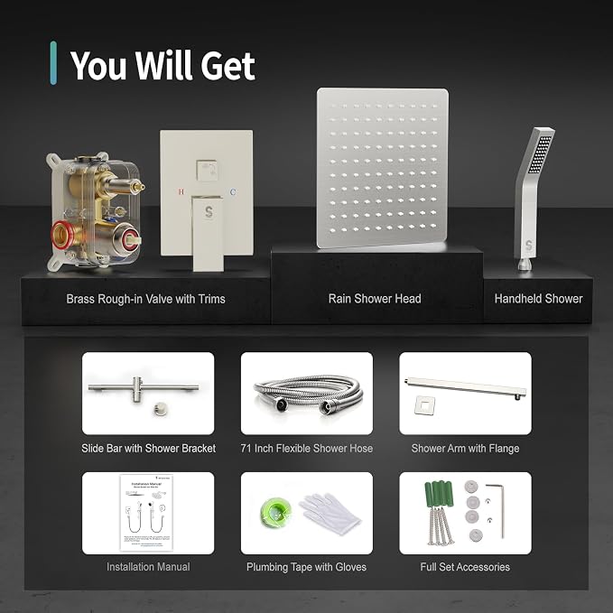 SR SUN RISE 12 Inch Square Shower System, Rain Shower Head and Slide Bar - Image 9