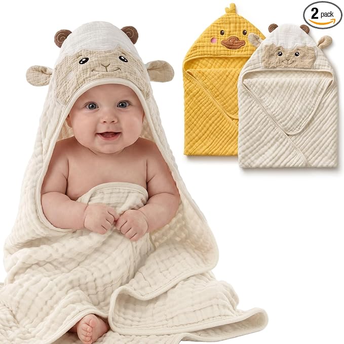 Blissful Diary Muslin Baby Hooded Towel 2 Pack, Soft & Absorbent Bath Towel by ForEveryBabysBetterLife