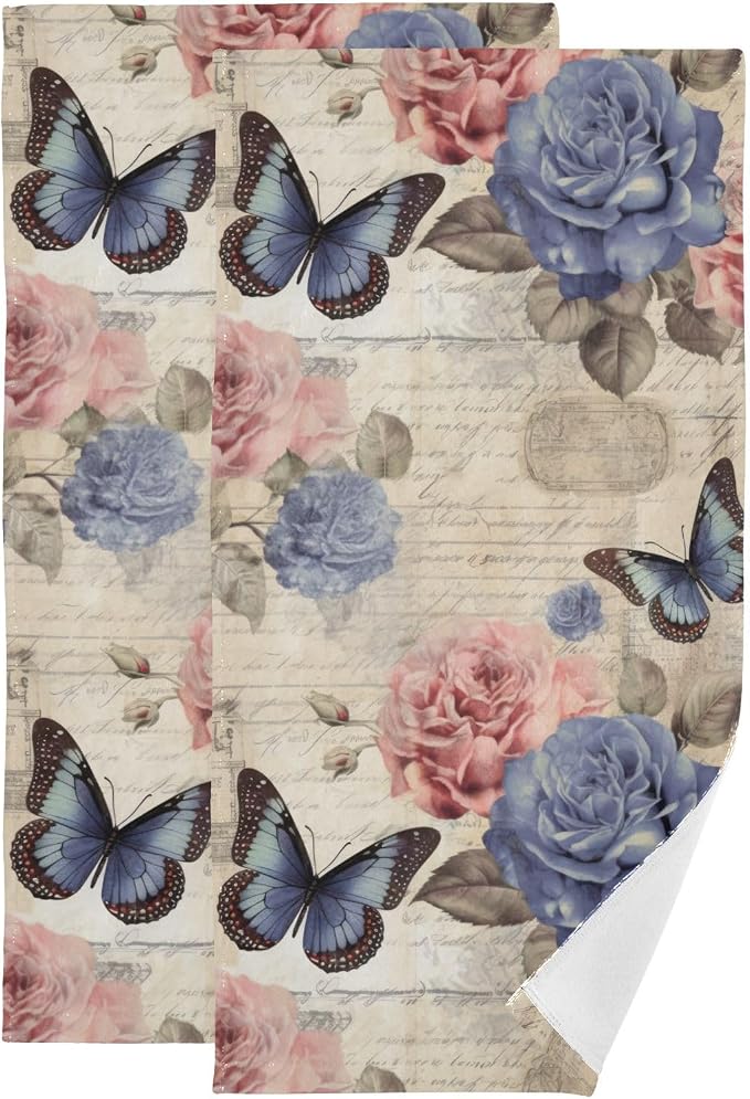 Vintage Pink Blue Rose Floral Butterfly Hand Towels by Unknown