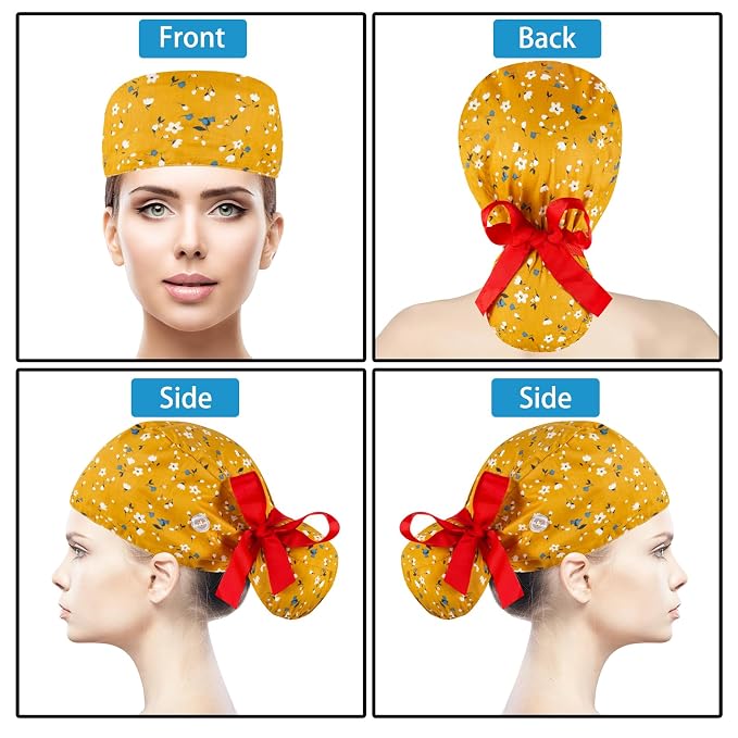 Scrub Caps Women Bouffant Scrub Caps, Adjustable Working Cap Ponytail Pouch Tie - Image 2