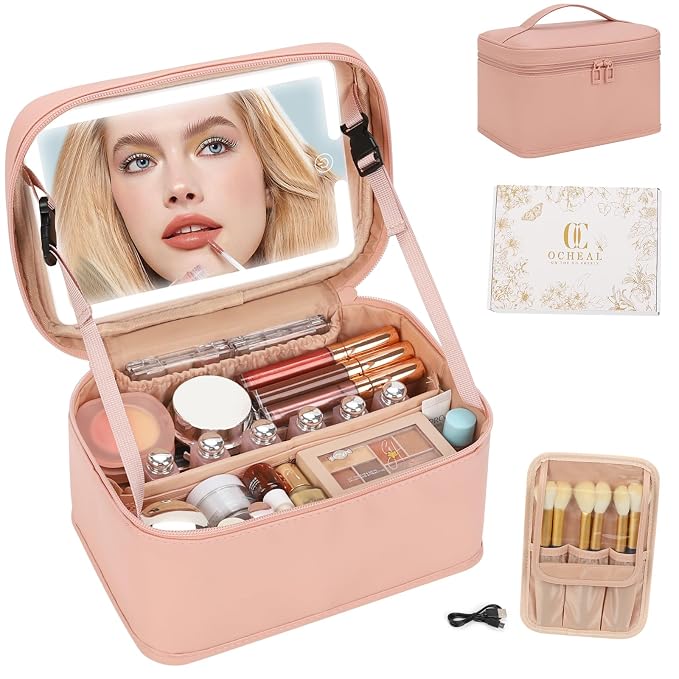 Makeup Bag With LED Mirror, Lightweight Travel Makeup Bag With 3 Color Setting by OCHEAL