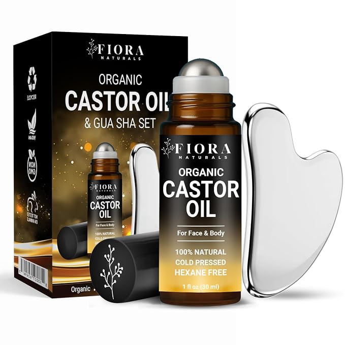 Organic Castor Oil Roll On & Stainless Steel Gua Sha Facial Tool – Metal Face by FioraNaturals