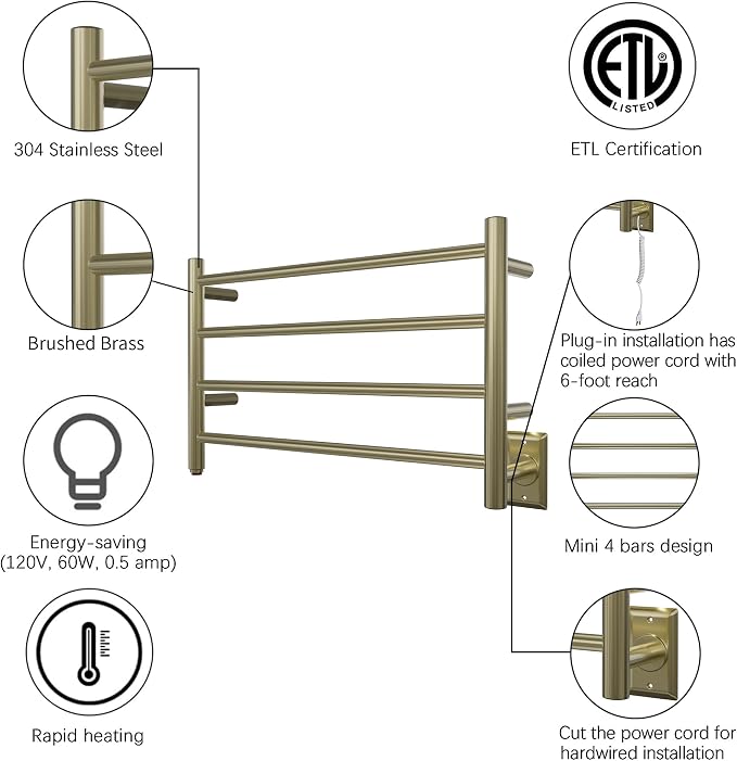 HEATGENE Towel Warmer 4 Bar Towel Dryer Wall-Mounted Plug-in Bath Towel Heater - Image 3