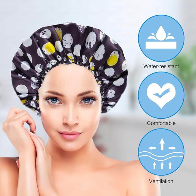 Shower Cap for Women Set of 4, Bath Caps, Double Layers Hair Caps + 2 Satin - Image 4