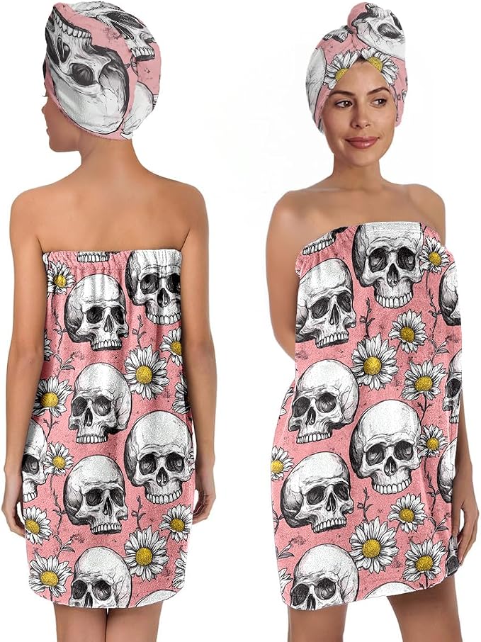 Bath Wrap Set with Hair Turban, Gothic Floral Pattern, Skull and Daisy Print by YWZDS