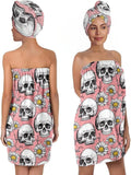 Bath Wrap Set with Hair Turban, Gothic Floral Pattern, Skull and Daisy Print by YWZDS