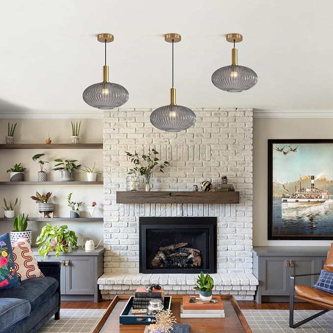 KCO Lighting Mid Century Modern Gold Glass Pendant Lighting Smoke Grey Globe - Image 6