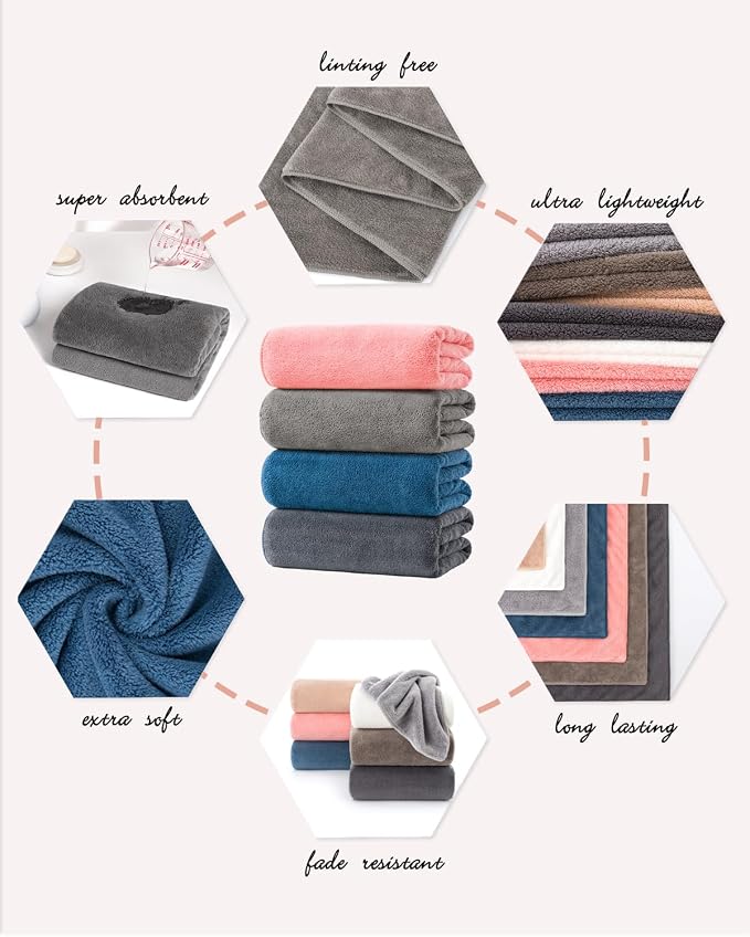 Lumimi 4 Pack Microfiber Bath Towel Set, Ultra Absorbent Quick Dry 29" L x 13" W - Image 2