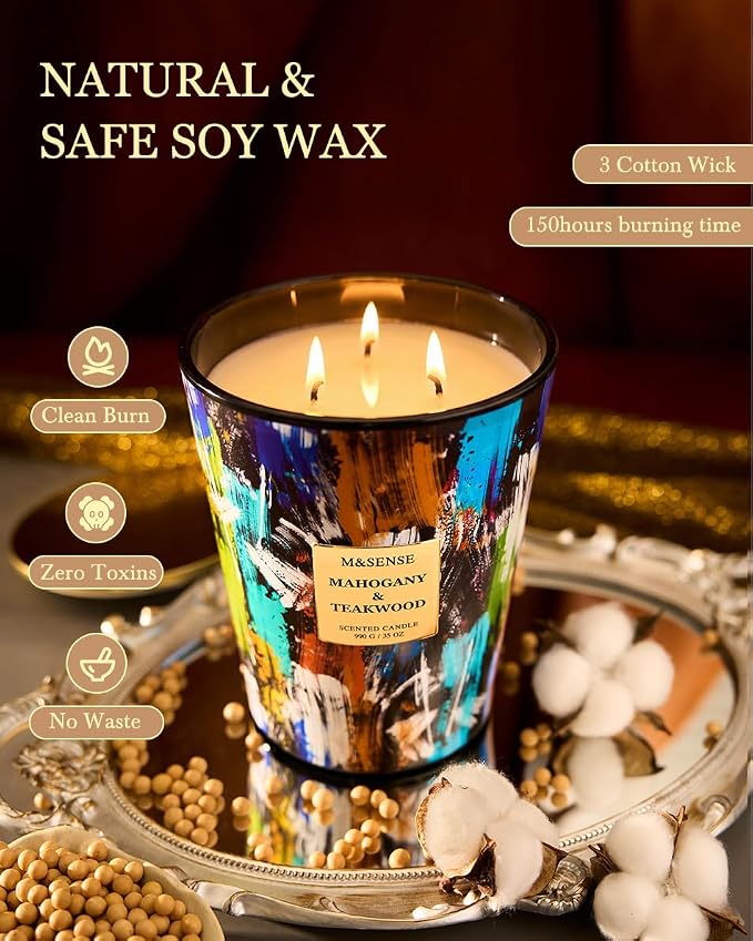 M&SENSE Large 3-Wick Teakwood Scented Soy Candle, 35oz 150 Hours Clean Burning - Image 4