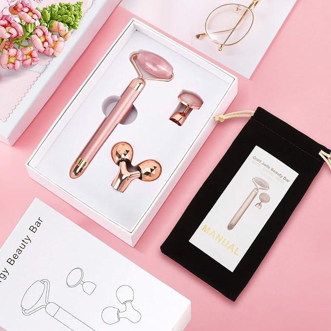 3-IN-1 Electric Jade Roller 3D Roller Facial Roller & Face Massager, Rose Quartz - Image 8