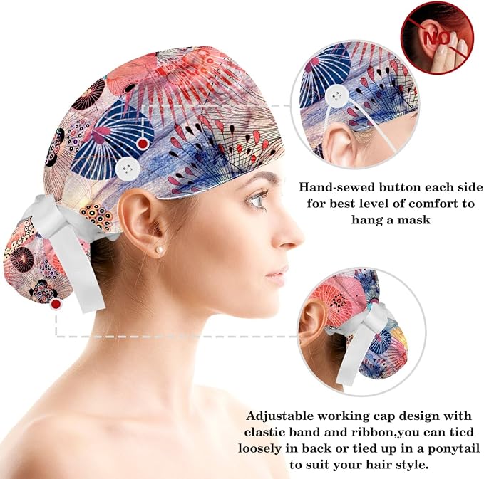 Women Working Cap with Buttons Bouffant Hat Autumn Leaves Nurse Scrub Caps Long - Image 3