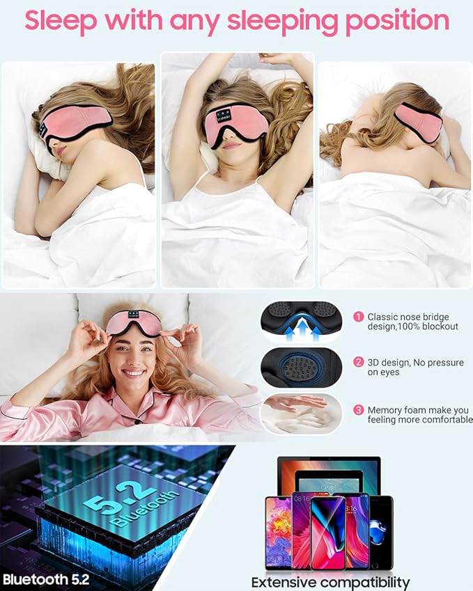 LC-dolida Sleep Headphones, Sleep Mask Bluetooth Wireless Music Eye Mask - Image 3