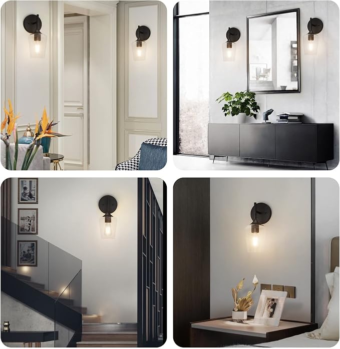 Ralbay Black Wall Sconces Set of 2 Matte Black Bathroom Lights Clear Glass - Image 7