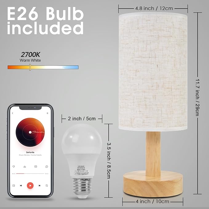Small Bedside Table Lamp for Bedroom, Natural Round Wood Base&Fabric Linen Shade - Image 4
