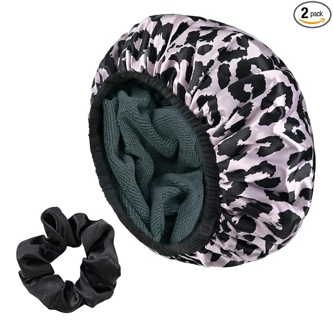 Pink Leopard Print Satin Shower Cap, Three-Layer Terry Cloth Lined, by Yonchic