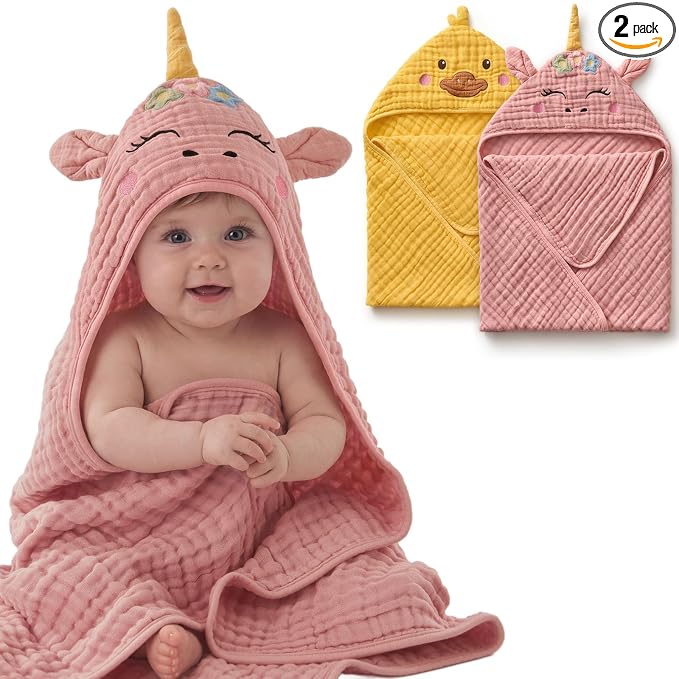Blissful Diary Muslin Baby Hooded Towel 2 Pack, Soft & Absorbent Bath Towel by ForEveryBabysBetterLife