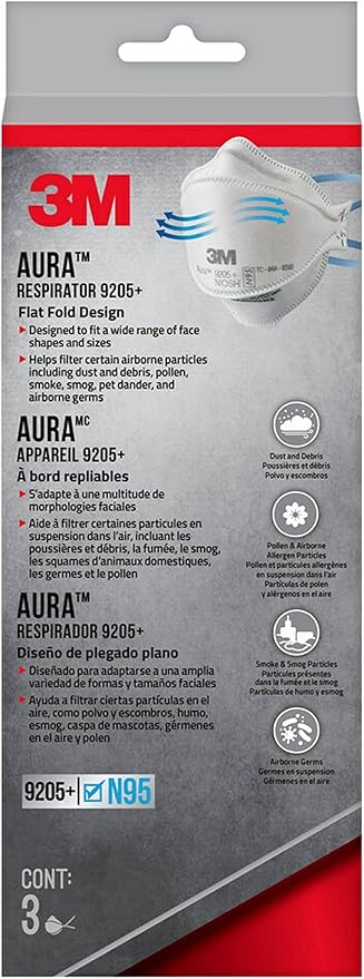 3M Aura Particulate Respirator 9205+ N95, Lightweight, 3 Panel Designed Helps - Image 2