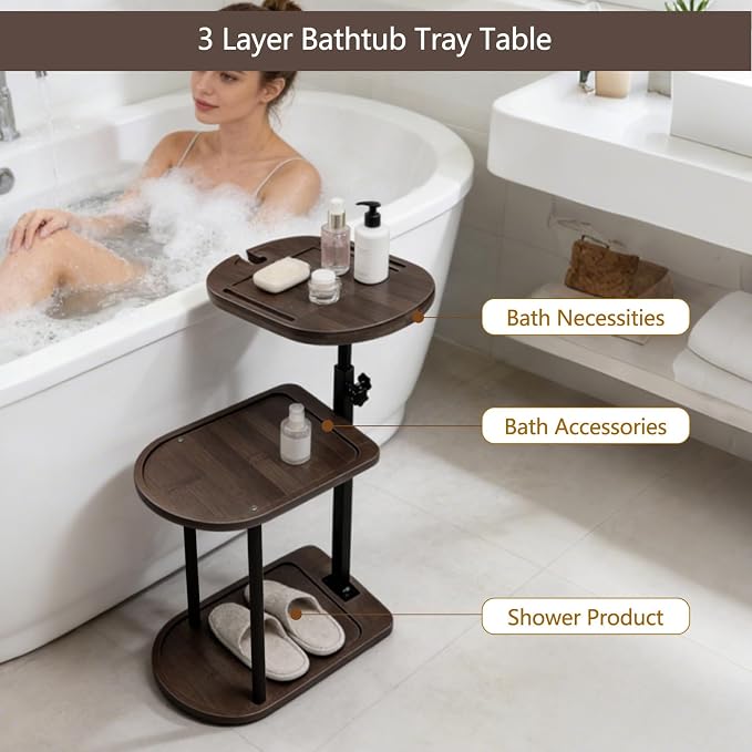 3 Layer Bathtub Tray Table, Bamboo Swivel Bathtub Side Table Height Adjustable - Image 6