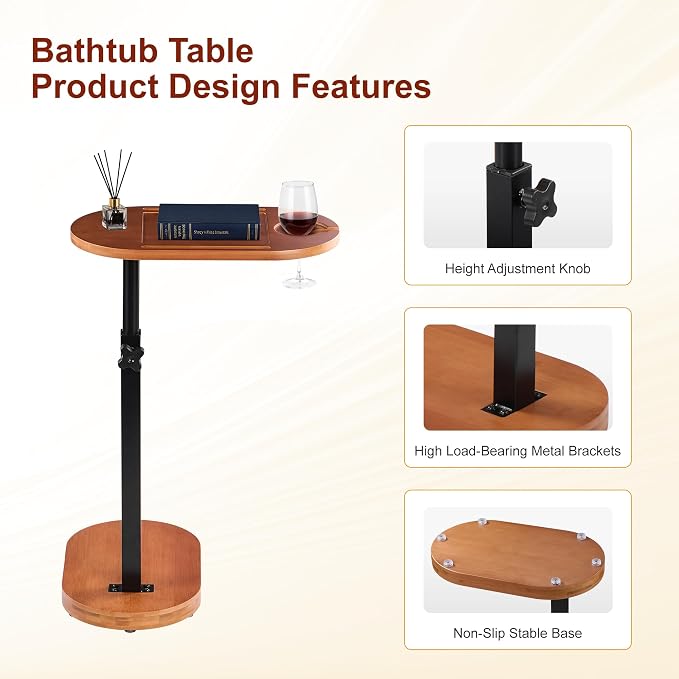 Bamboo Bathtub Side Table, 360° Swivel Height Adjustable Freestanding Bath - Image 3