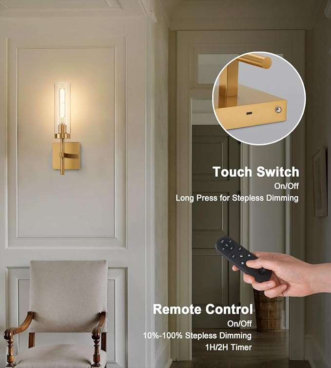 Gold Battery Operated Wall Sconce Set of 2, Wireless Wall Sconces - Image 3