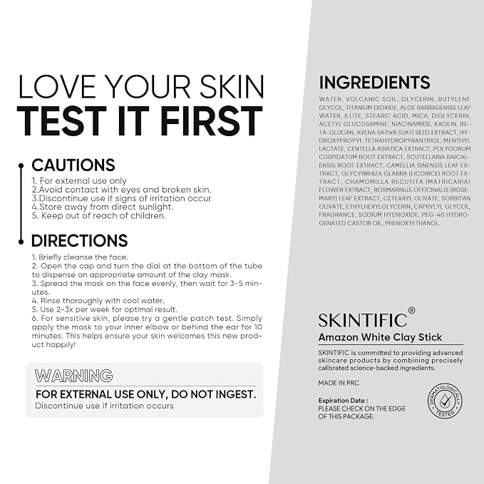 SKINTIFIC Amazonian White Clay Purifying Stick, Deep Clean Pores Mud Mask - Image 2
