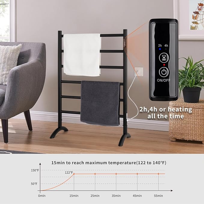 Freestanding Towel Warmer 6 Bars Plug-in Option 3 Working Modes Black Stainless - Image 3