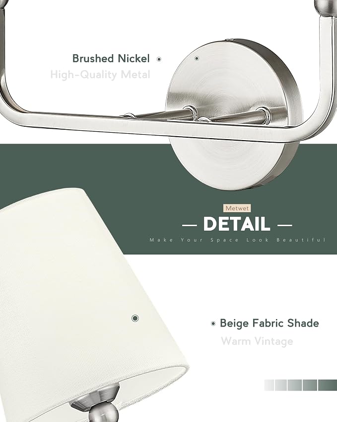 2-Light Bathroom Light Fixtures, Brushed Nickel Vanity Lights, Double Wall - Image 3