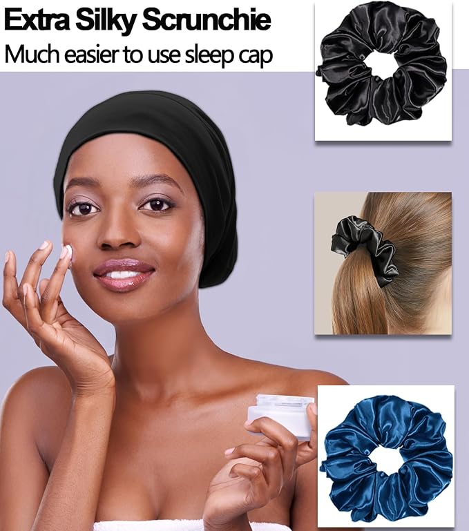 Sleep Cap Bonnet for Sleeping Black Women, Adjustable Cooling Ice Silk Lined - Image 4