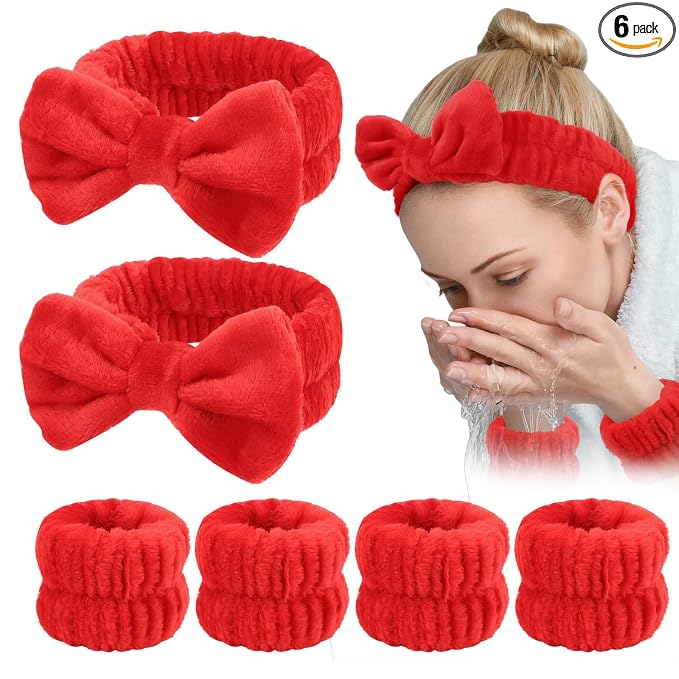 WHAVEL 6PCS Red Spa Headband and Wristbands Set, Valentine's Day Face Wash by Whavel
