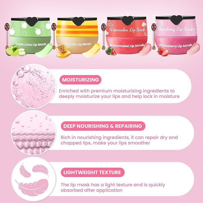4 PCS Lip Scrub and Mask Set, Strawberry Watermelon Lip Exfoliator Scrub - Image 3