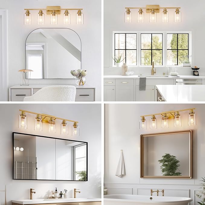 5 Light Gold Bathroom Light Fixtures Brushed Brass Vanity Light Over Mirror - Image 5