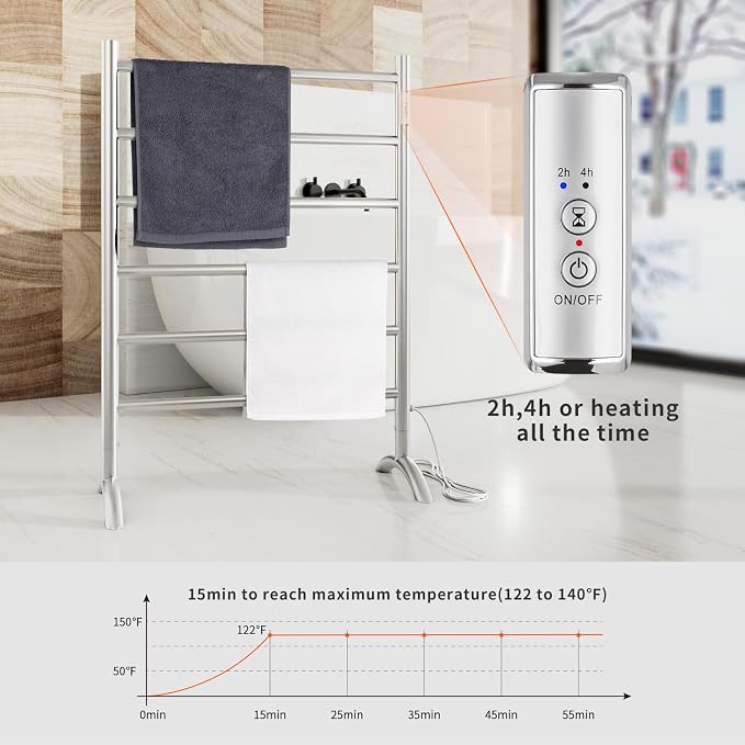 Freestanding Towel Warmer 6 Bars Plug-in Option 3 Working Modes Brushed - Image 3