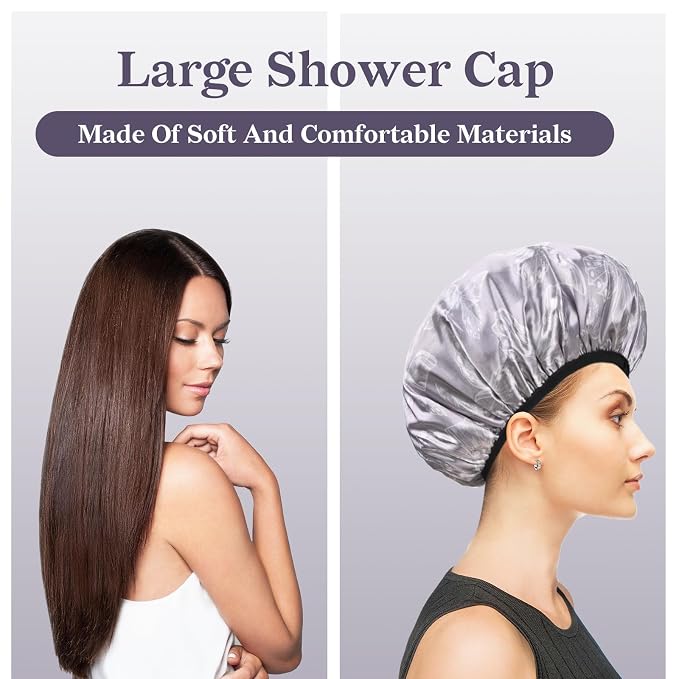 White Butterfly Print Satin Shower Cap, Three-Layer Terry Cloth Lined, - Image 7