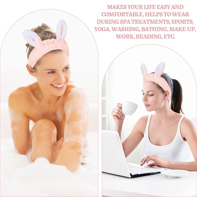 Jowmoy Cute Light Pink Rabbit Ears Headband Frog Eye Elastic to Wash Face - Image 7