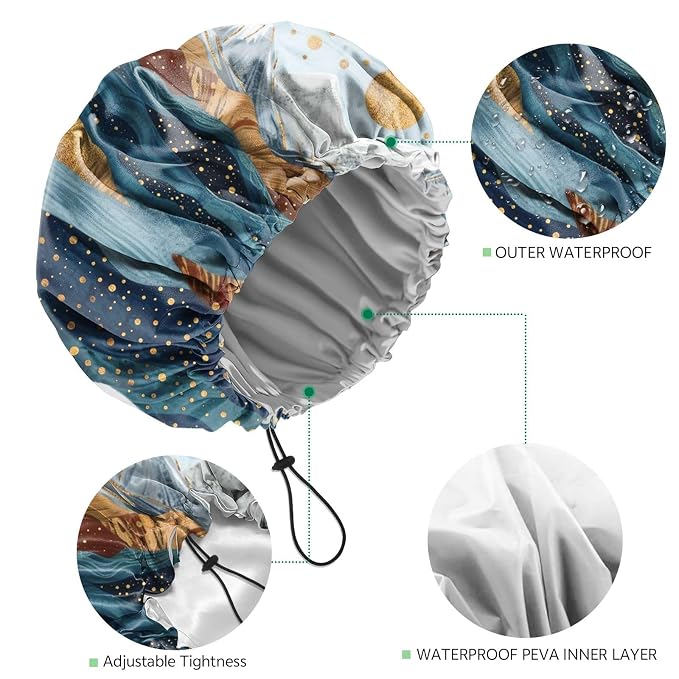 2 PCS Shower Cap Waterproof Double Layer Elastic Adjustable Reusable Hair Bath - Image 3